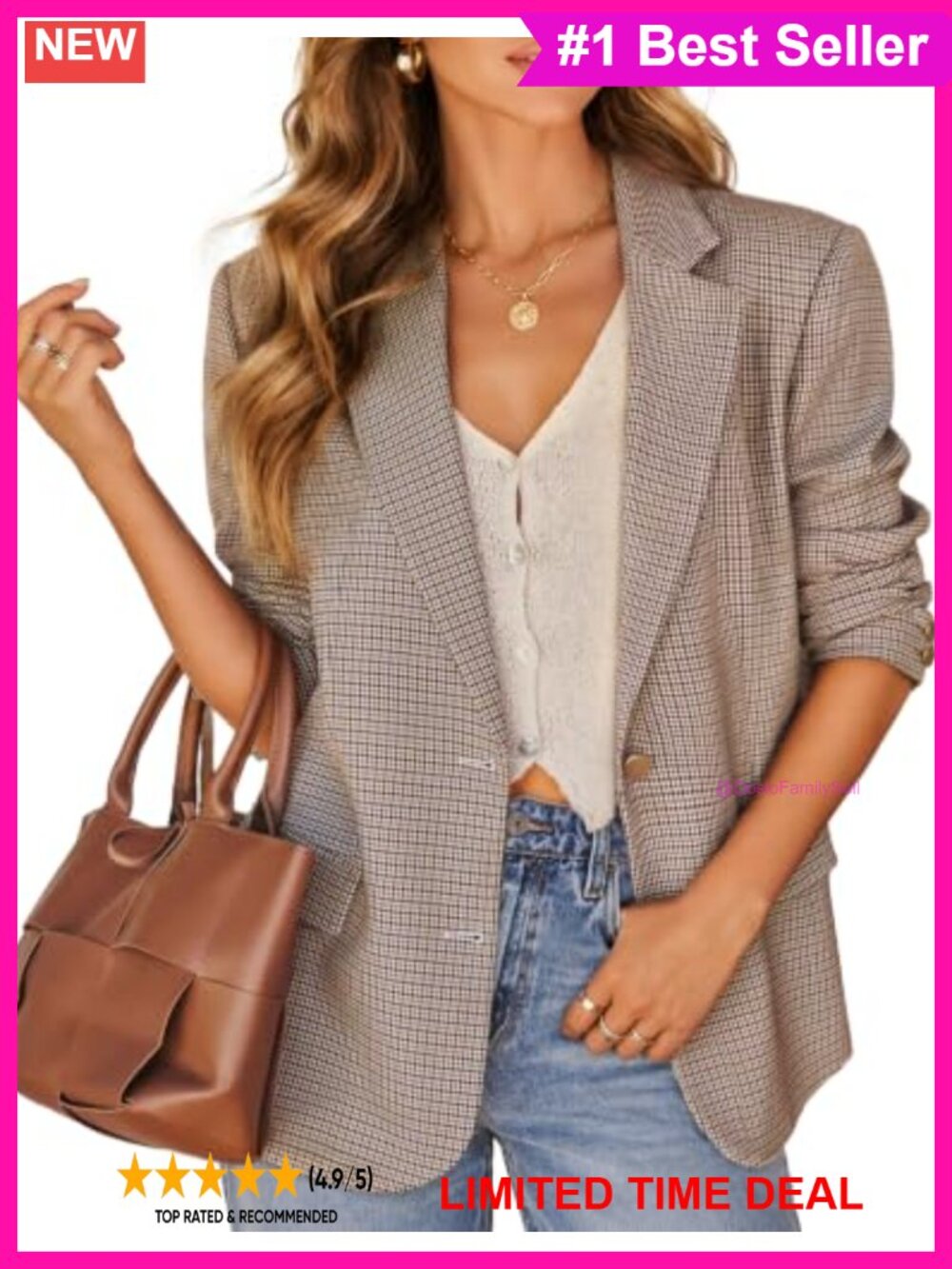 Plaid Long Sleeve Business Casual Blazer Boyfriend Fit Notch Lapel Office